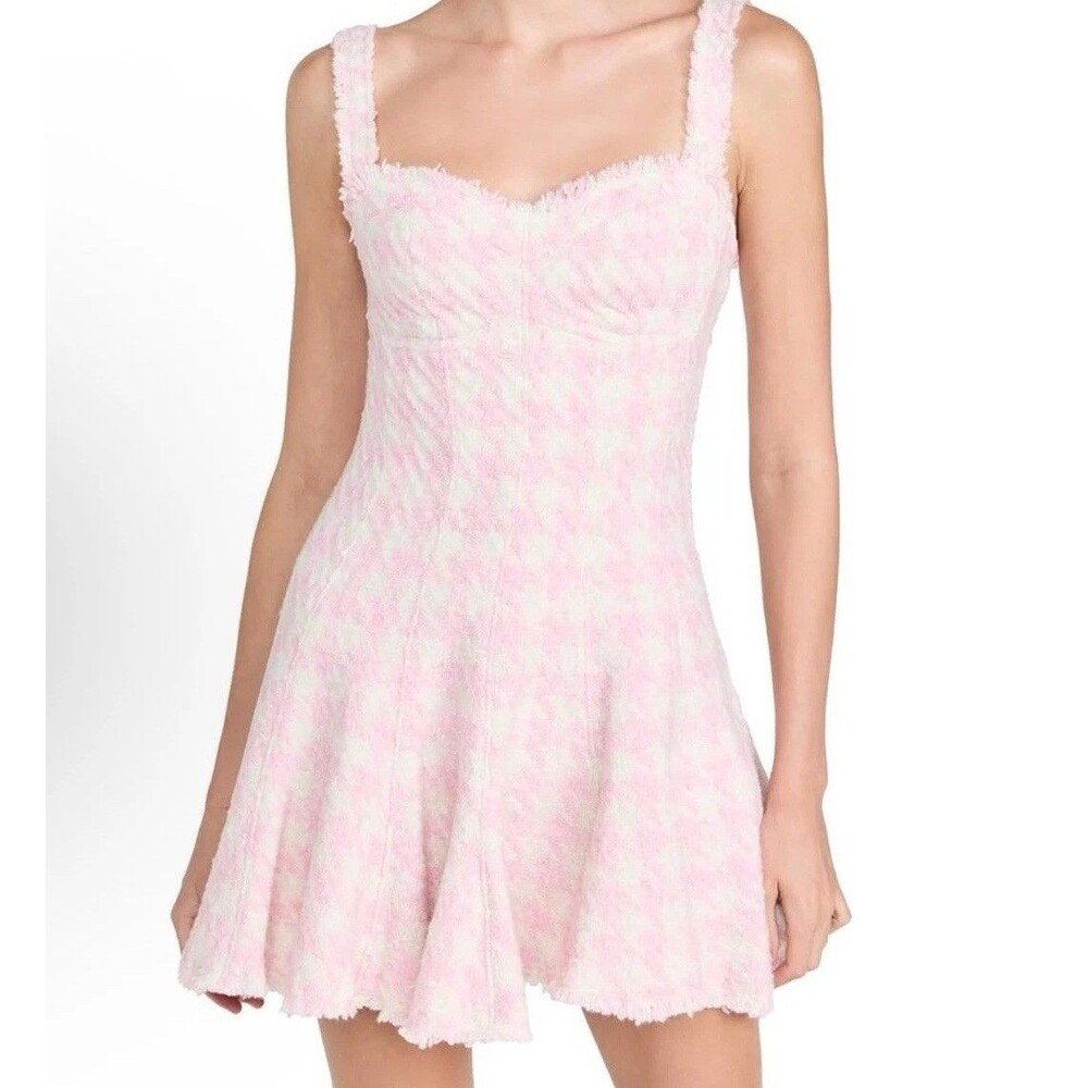 LoveShackFancy Tweed Mini Dress Women’s Size 6 Josalie Wool Houndstooth Pink New - Picture 2 of 10
